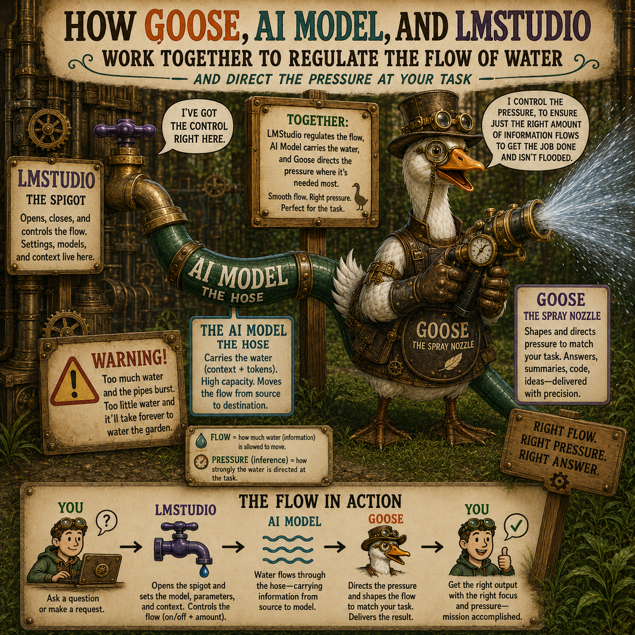 A garden hose analogy diagram illustrating how local AI tooling works